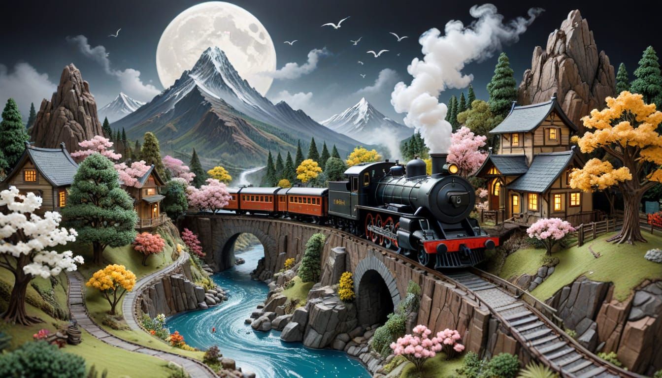 Detailed Miniature Model Railroad in Sumi-e Style