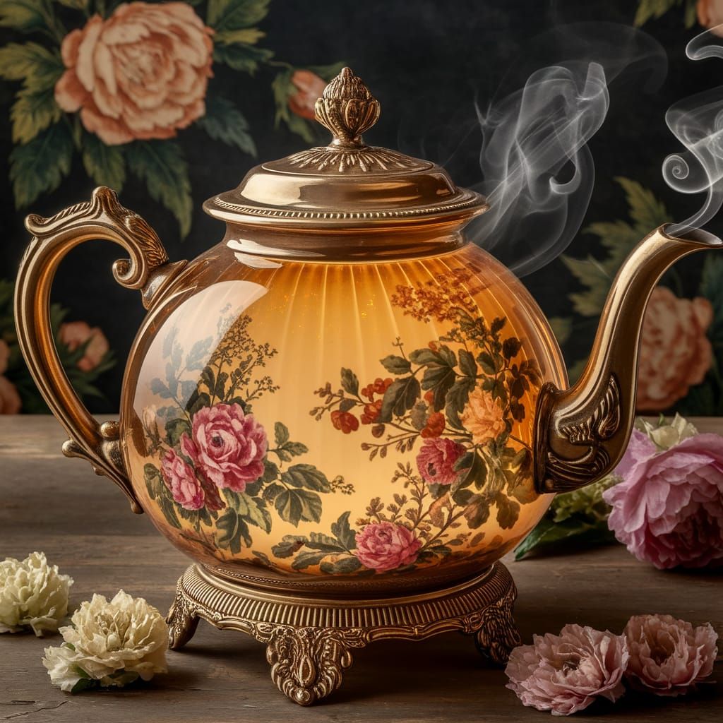 Golden Teapot Steaming on a Rustic Table