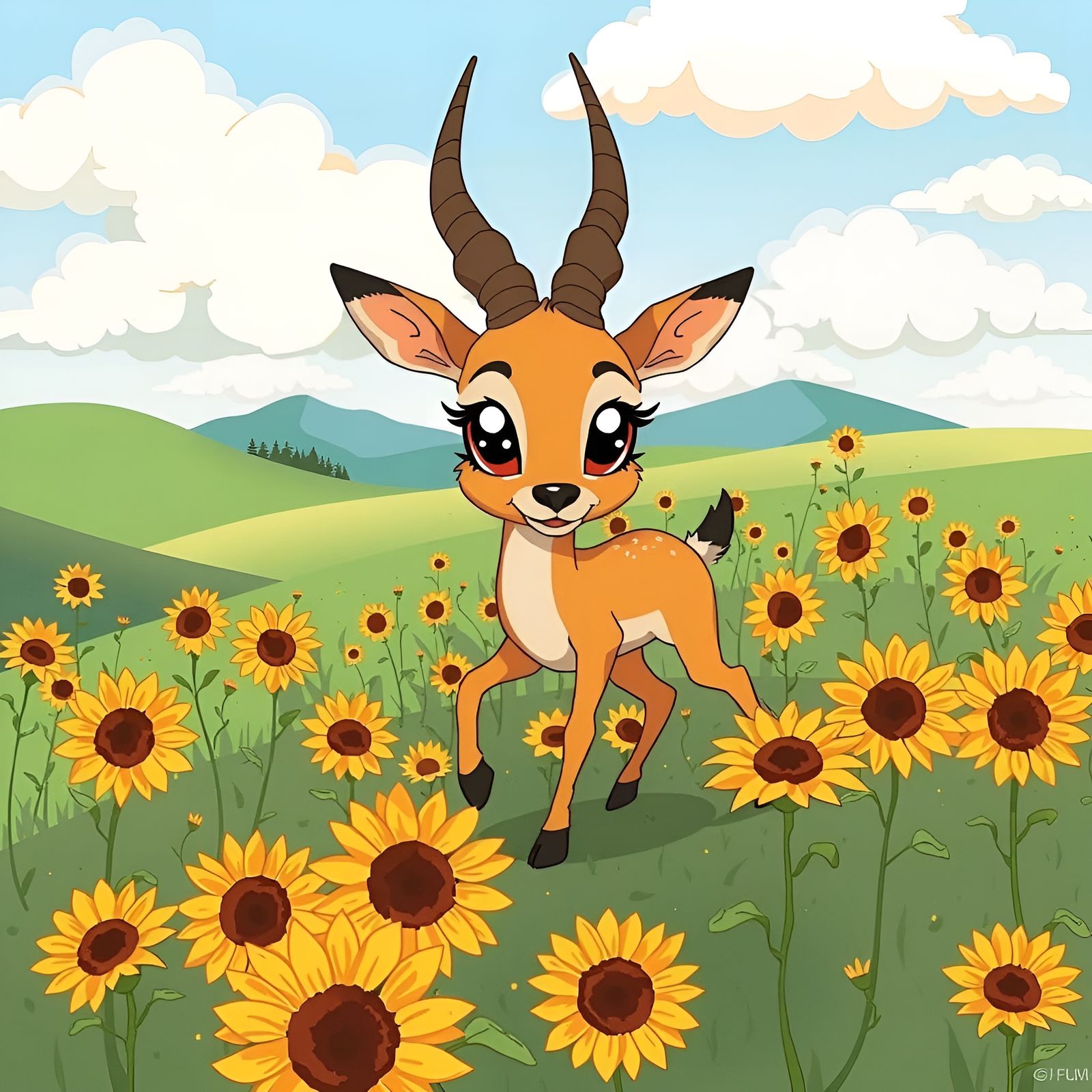 Cute Gazelle Prancing Through Sunflowers in Cartoon Style