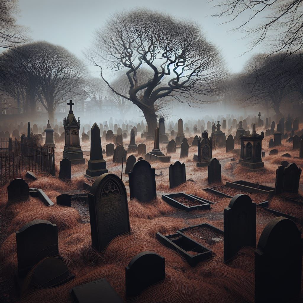 Eerie Graveyard with Open Graves on Foggy Afternoon