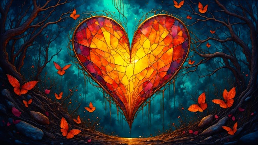 Shattered Heart Stained Glass in Neon Noir Style