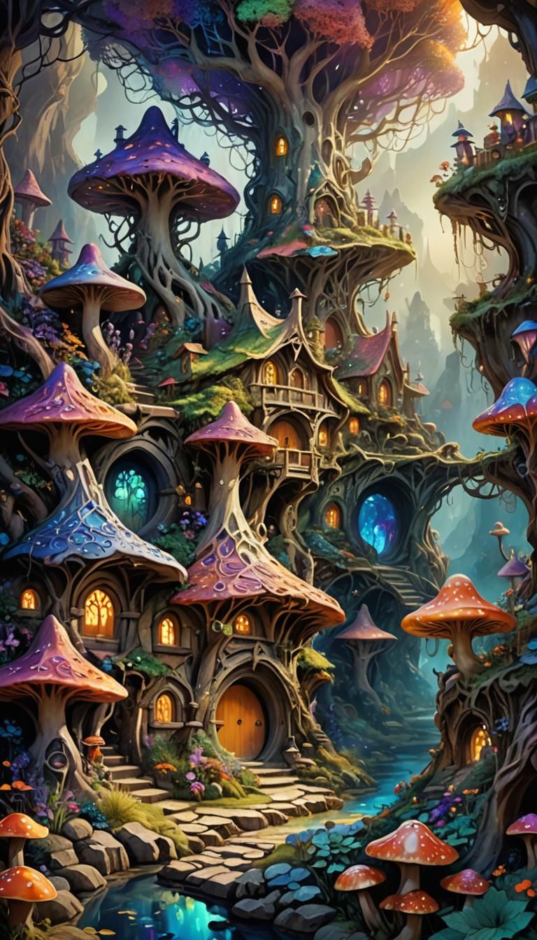 Psychedelic Hobbit Village: Fantasy Art Nouveau Caverns