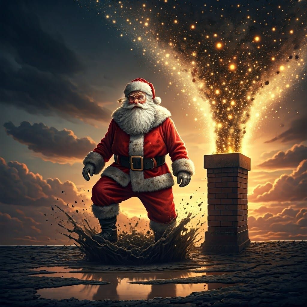 Santa Claus Amidst a Whirlwind of Golden Lights on a Rooftop