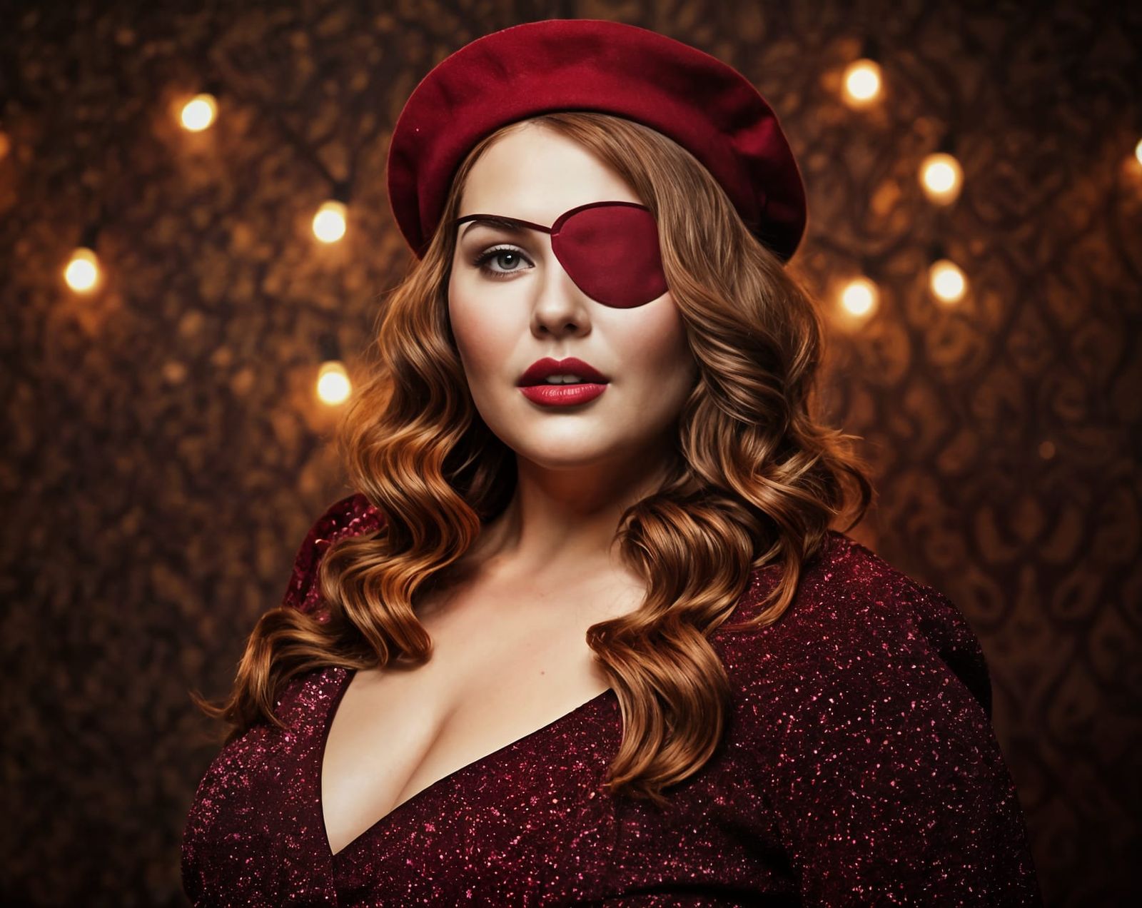 Elegant Woman in Burgundy Red Gown with Beret and Eyepatch