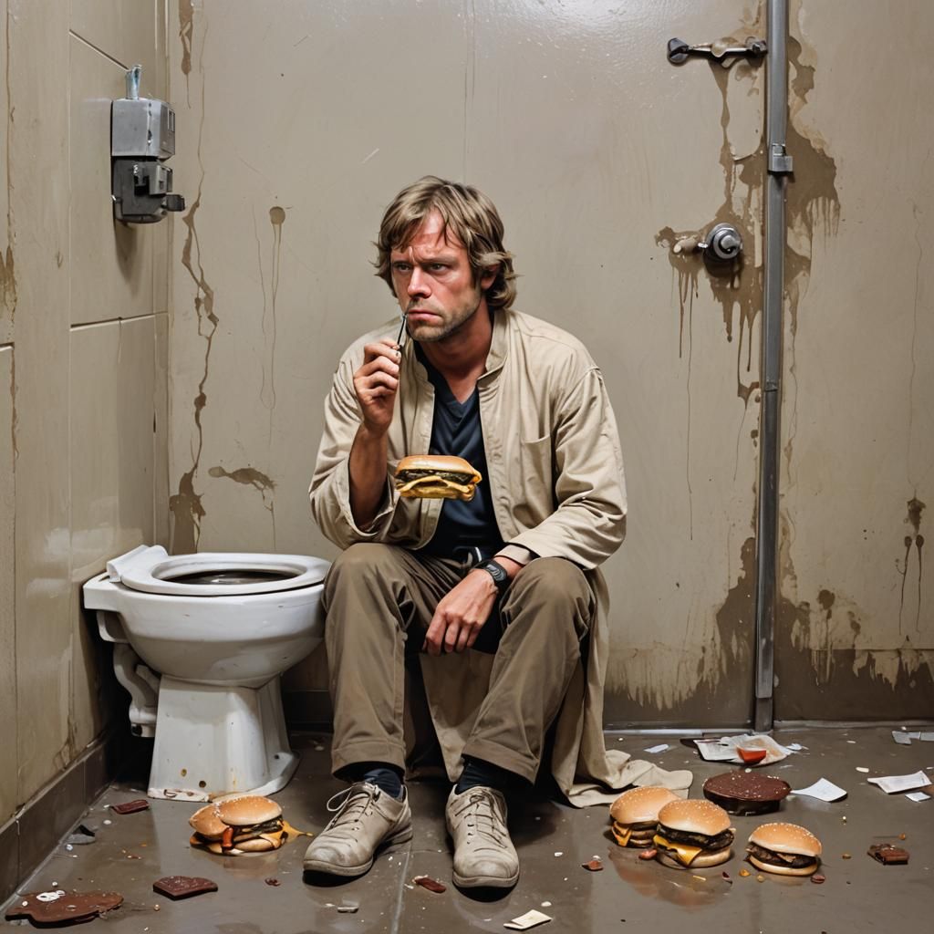 Melancholy Figure Eating in a Dirty Bathroom