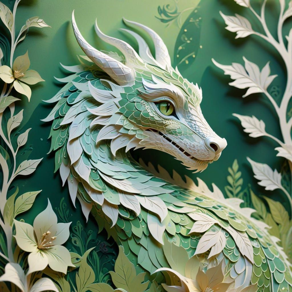 Whimsical Green Dragon in Delicate Cut Paper Art Nouveau Sty...