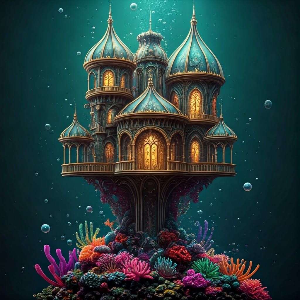 Opalescent Mermaid Castle Underwater, Hyperrealistic Splash ...