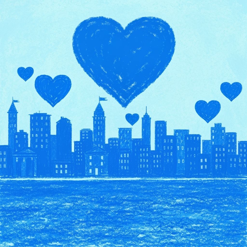 Blue Crayon Cityscape with Vibrant Hearts
