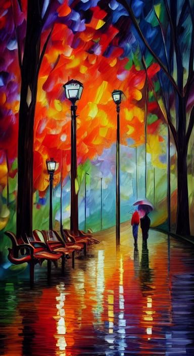 Romantic Couple in Rainy Park, Paper Collage Style