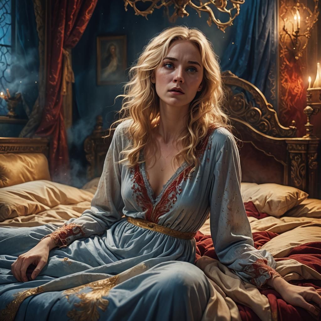 Terrified Woman in Bed: Surreal Fantasy Art