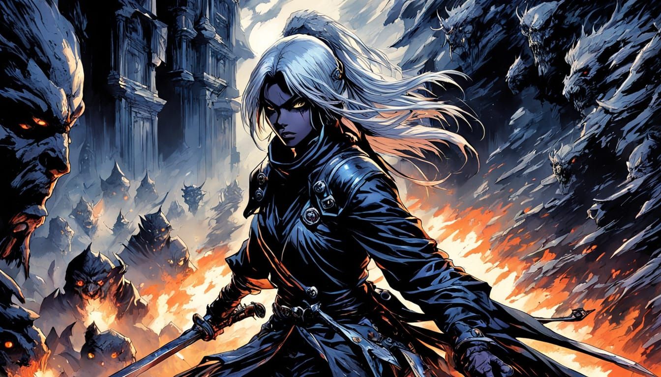 Majestic Drow Rogue Surrounded by Blazing Inferno in Dark Fa...