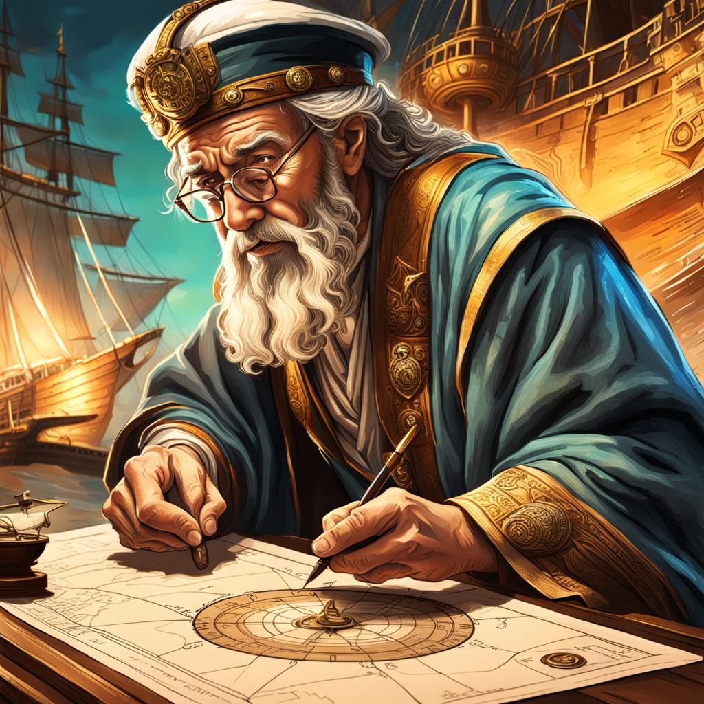 Ancient Scholar Draws Navigation Map in Hyperrealistic Style