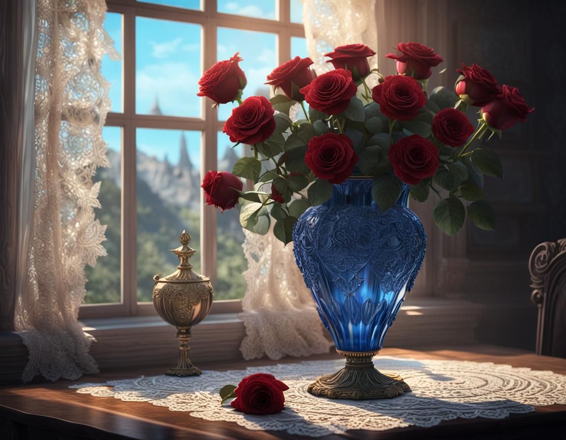 Crystal Vase with Roses: Photorealistic Digital Art