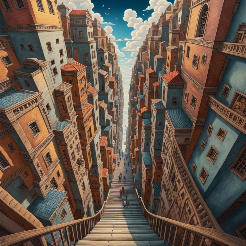 Escher-Style Path to Heaven with People