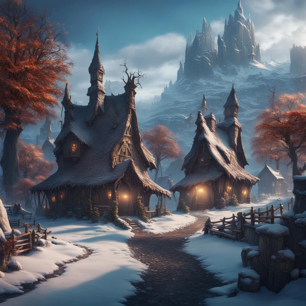 Winter Witch Village: Detailed Matte Painting