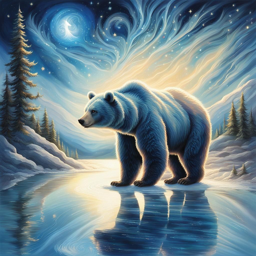 Ethereal Fantasy Bear Walks Under Starry Sky