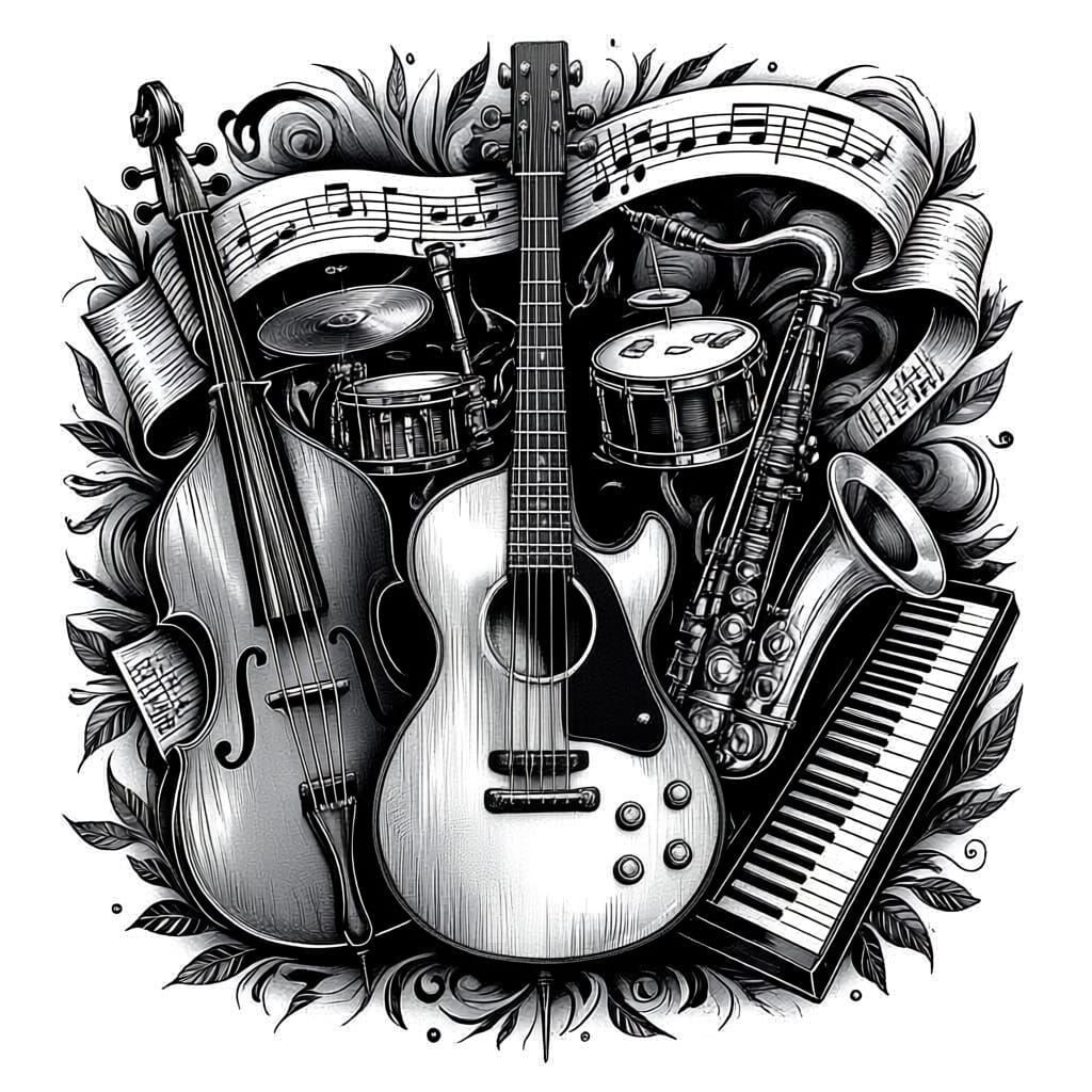 Jazz Band Tattoo Design in Black and White
