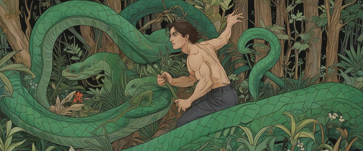 Tattooed Man Fights Giant Snake in Watercolor Style