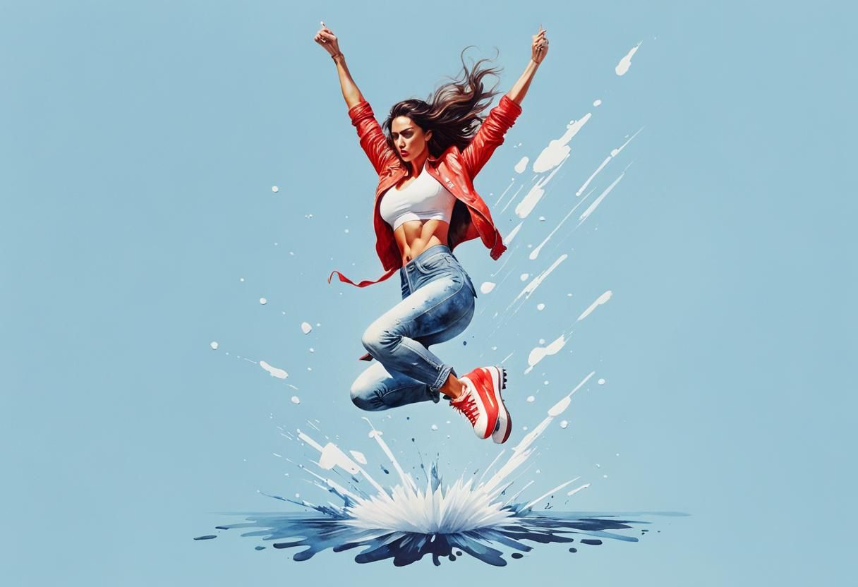 Woman Jumping Over Puddle in Watercolor Style