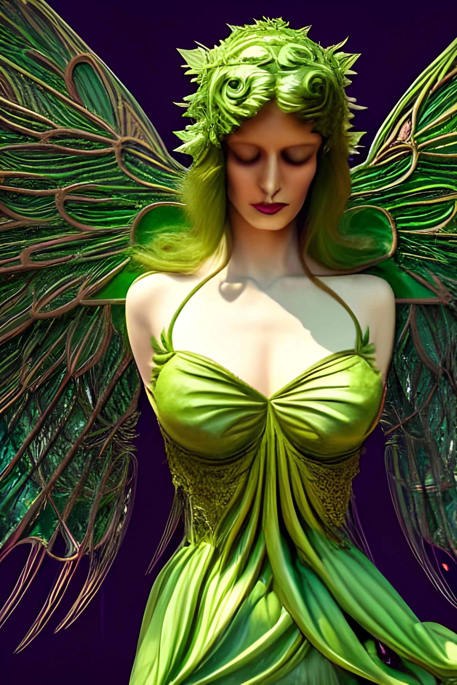 Intricate Angel Tree Sculpture with Green Wings