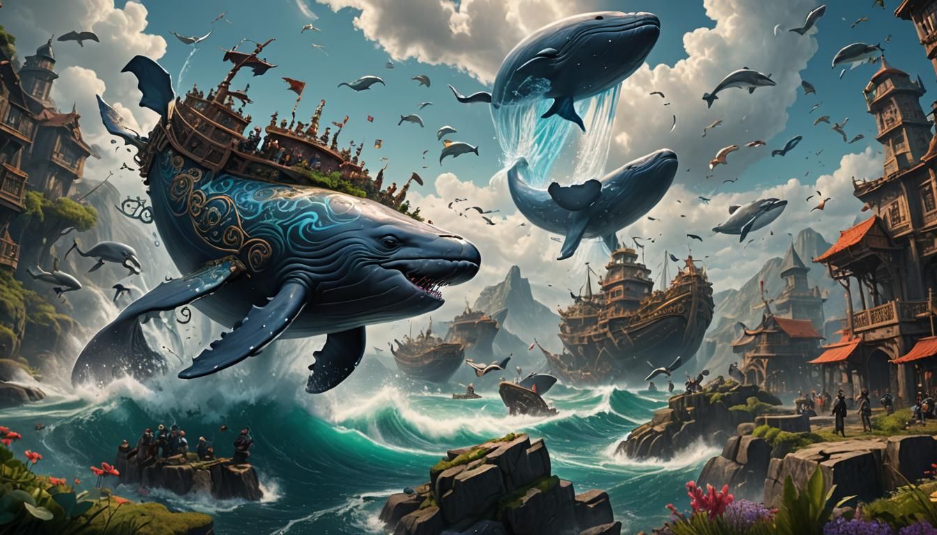 Wind Whales Leaping: Detailed Matte Painting