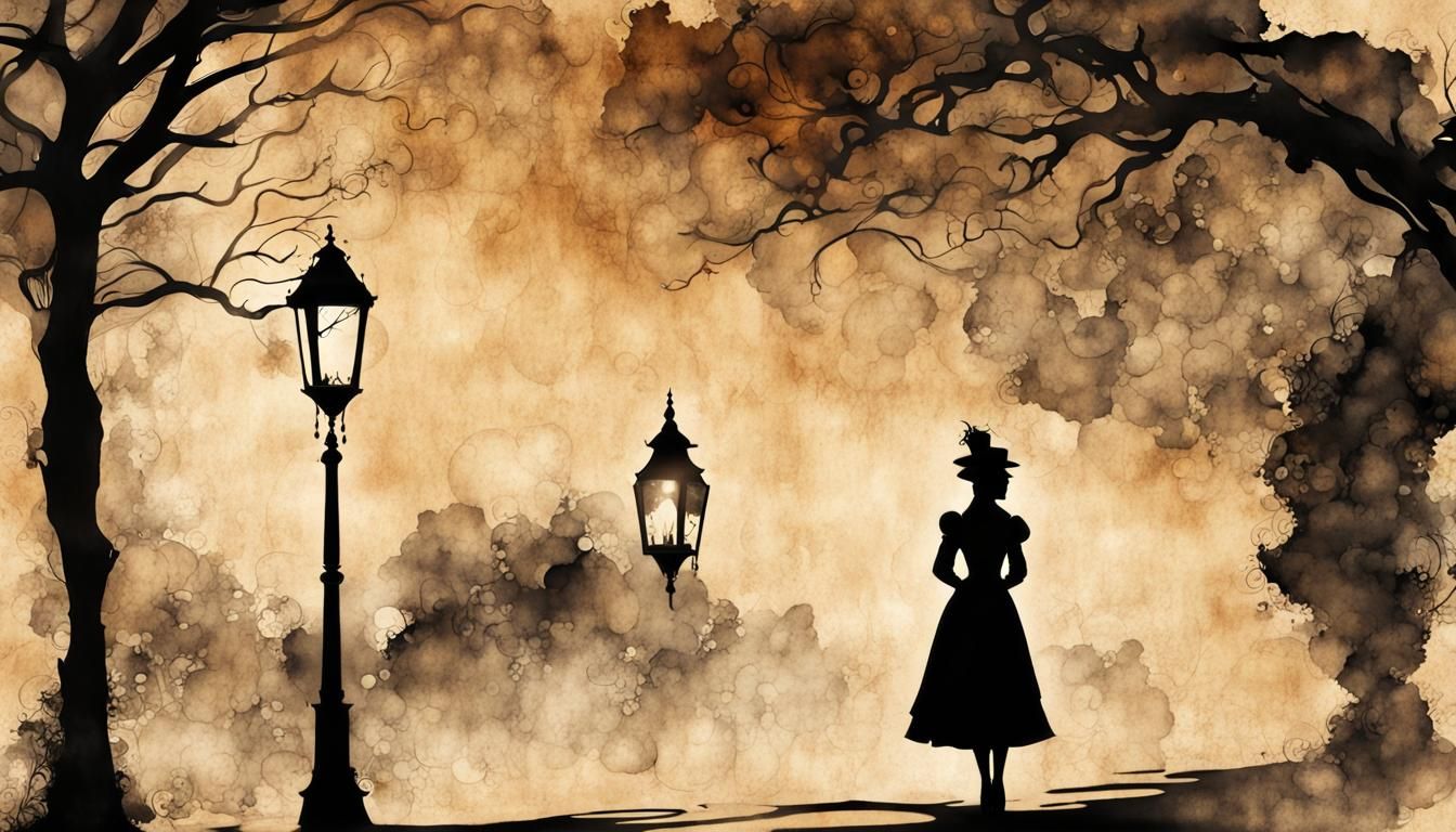 Victorian Lady Silhouette in Steampunk Ink Painting