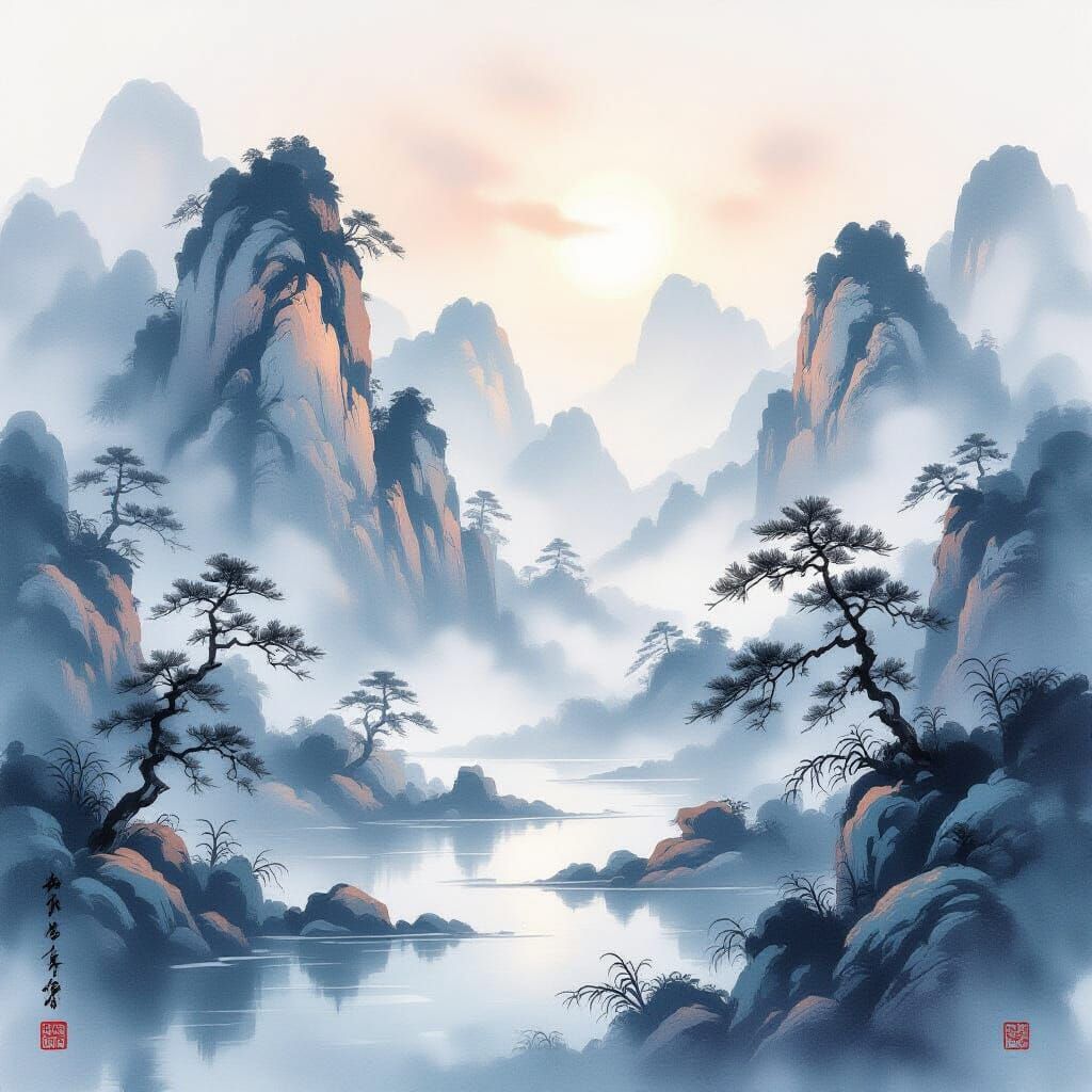 Mystical Taoist Landscape in Ink Wash Style