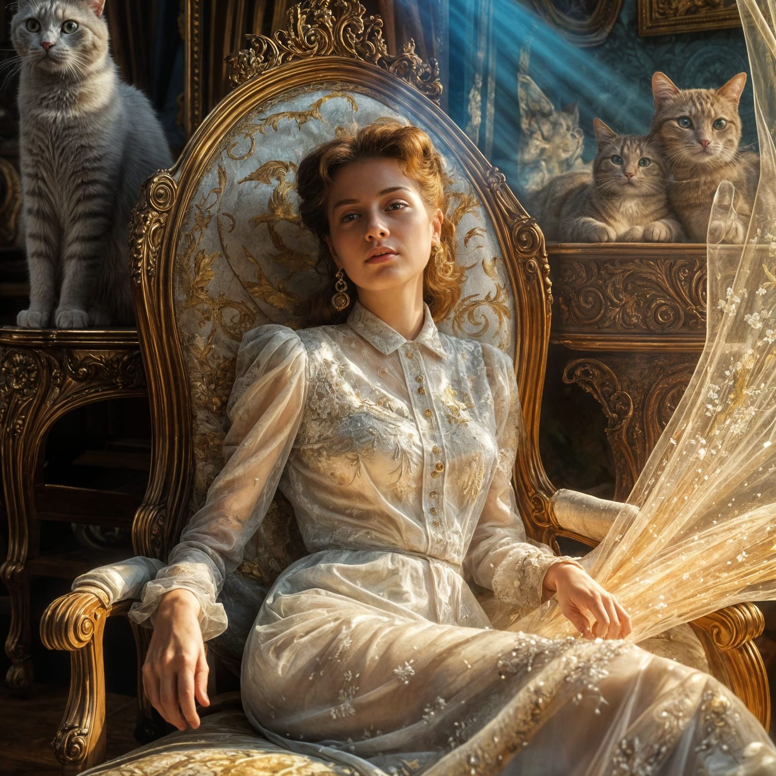 Cats on Antique Furniture with Silk Embroidery