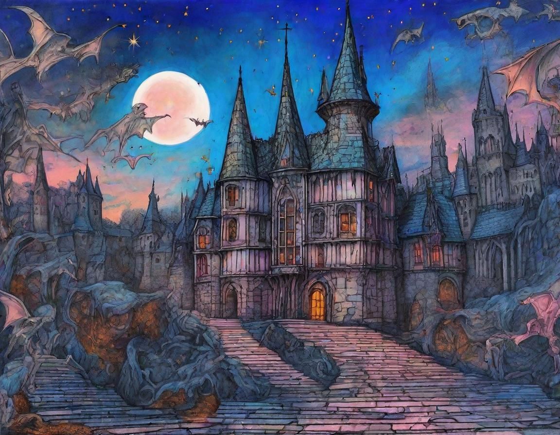 Medieval Castle in Tim Burton Style Charcoal Drawing