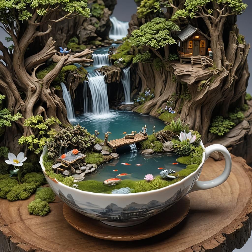 Miniature Landscape in Teacup with Waterfall