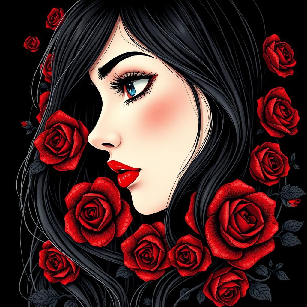 White Ink Woman with Roses, Digital Concept Art