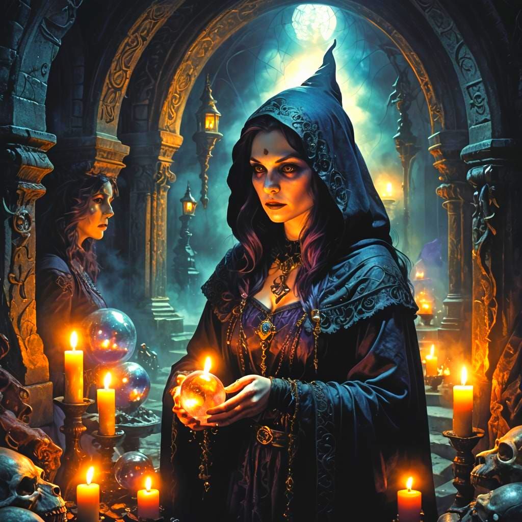 Witches in Gothic Darkness with Crystal Ball