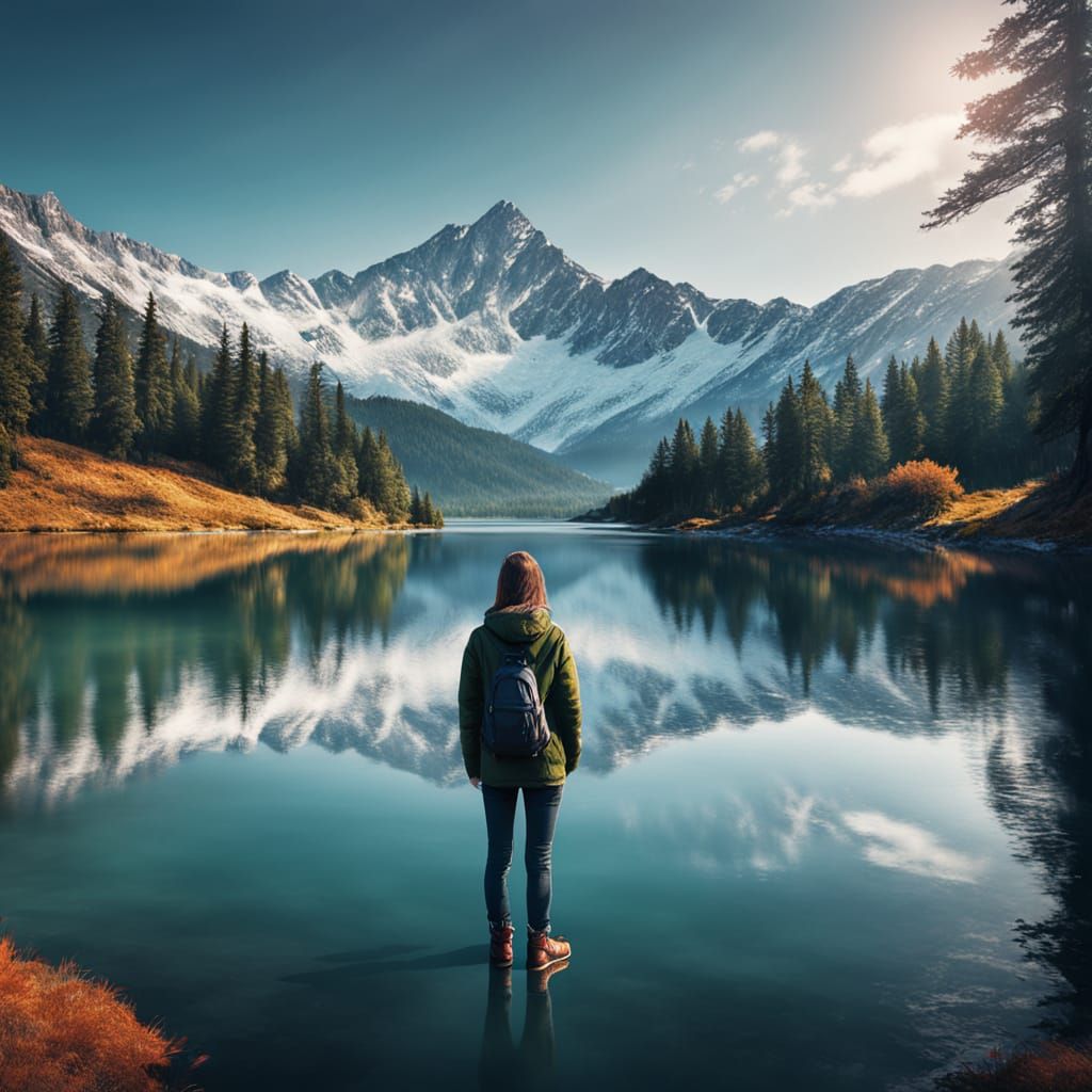 Hyperrealistic Photo of Girl by Lake with Mountains