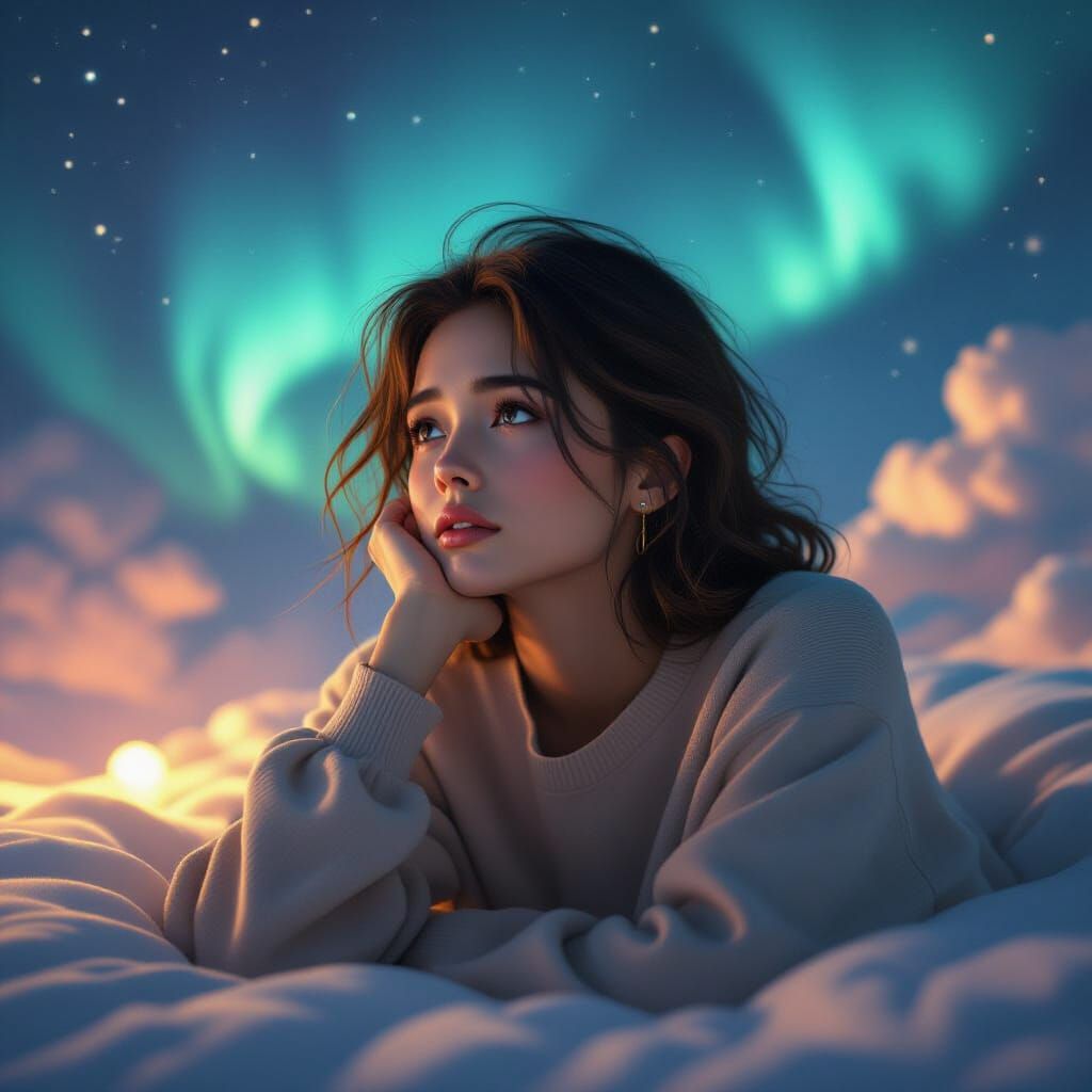 Introspective Figure Amidst Ethereal Aurora