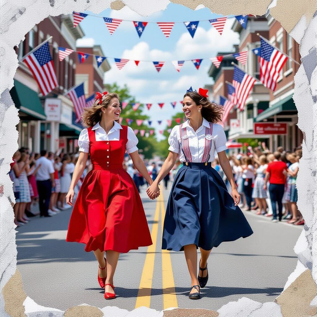 Patriotic Collage of Women Skipping with Flags