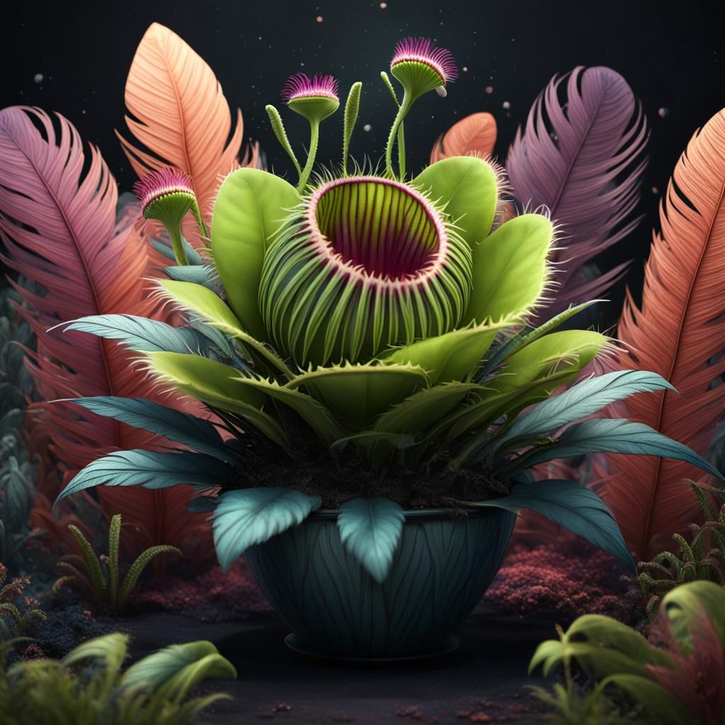 Venus Flytrap Surrounded by Pastel Feathers