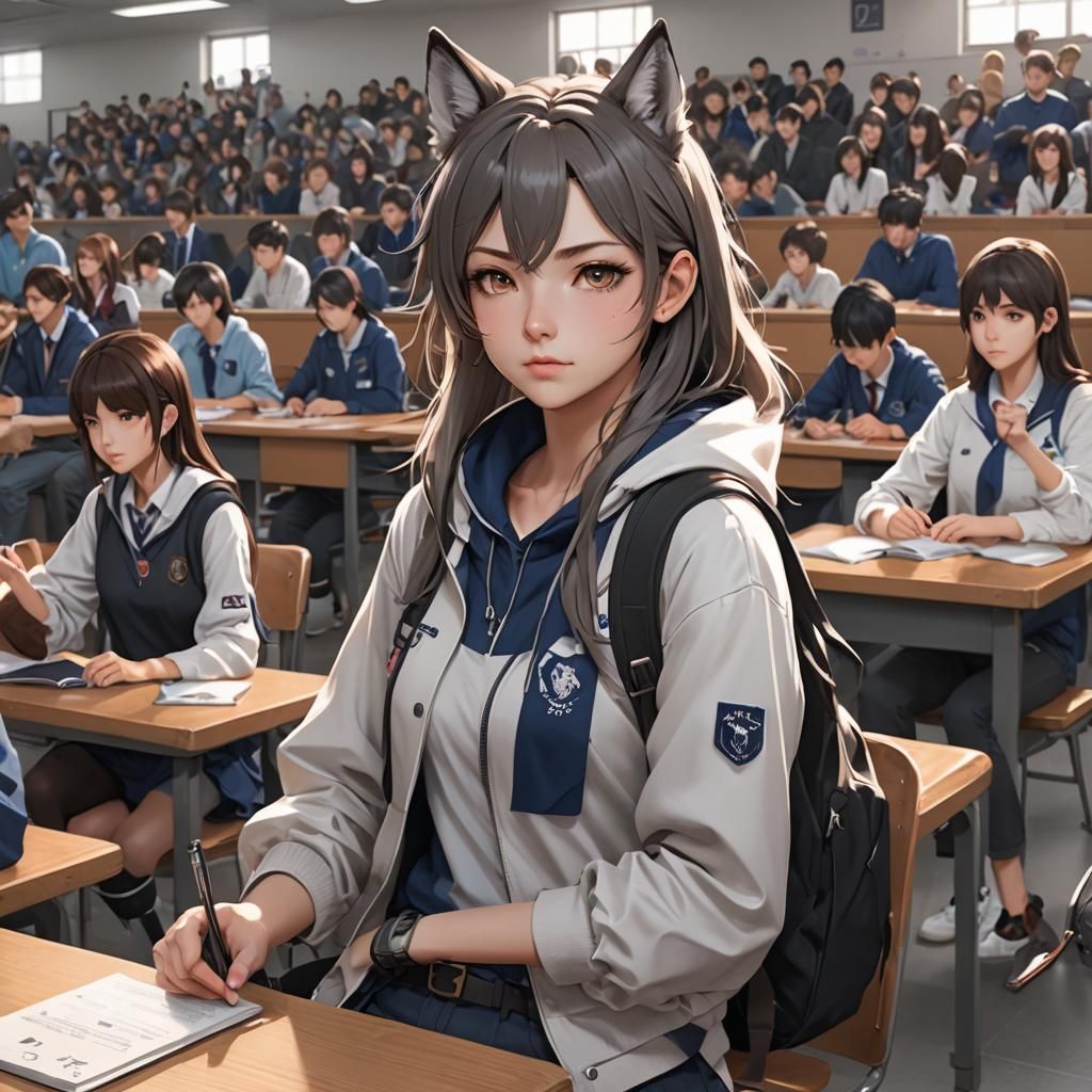 Wolf Girl Tomboy at Highschool in 3D Anime Art