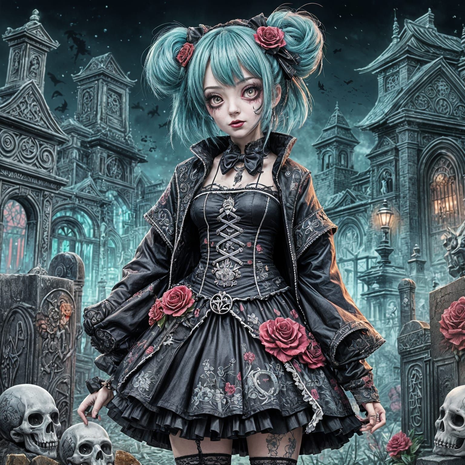 Horrorpunk Courtesan in Anime Style Graveyard