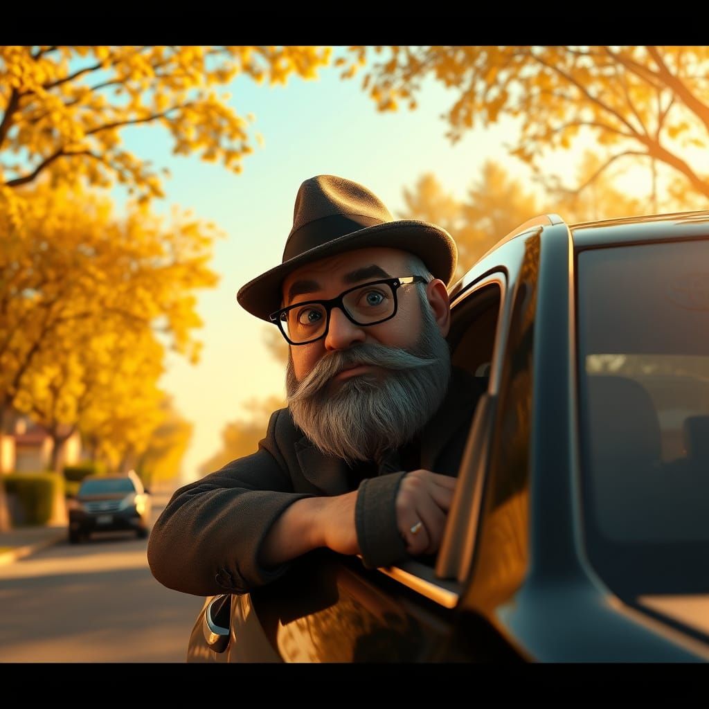 A Middle-Aged Man Scans the Neighborhood from a Toyota Car W...