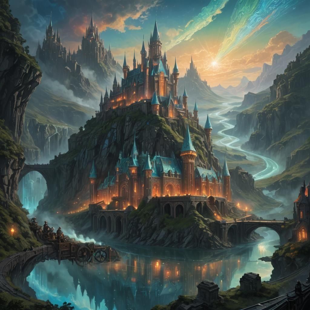 sci-fi aetherpunk castle; iridescent orange red blue green c...