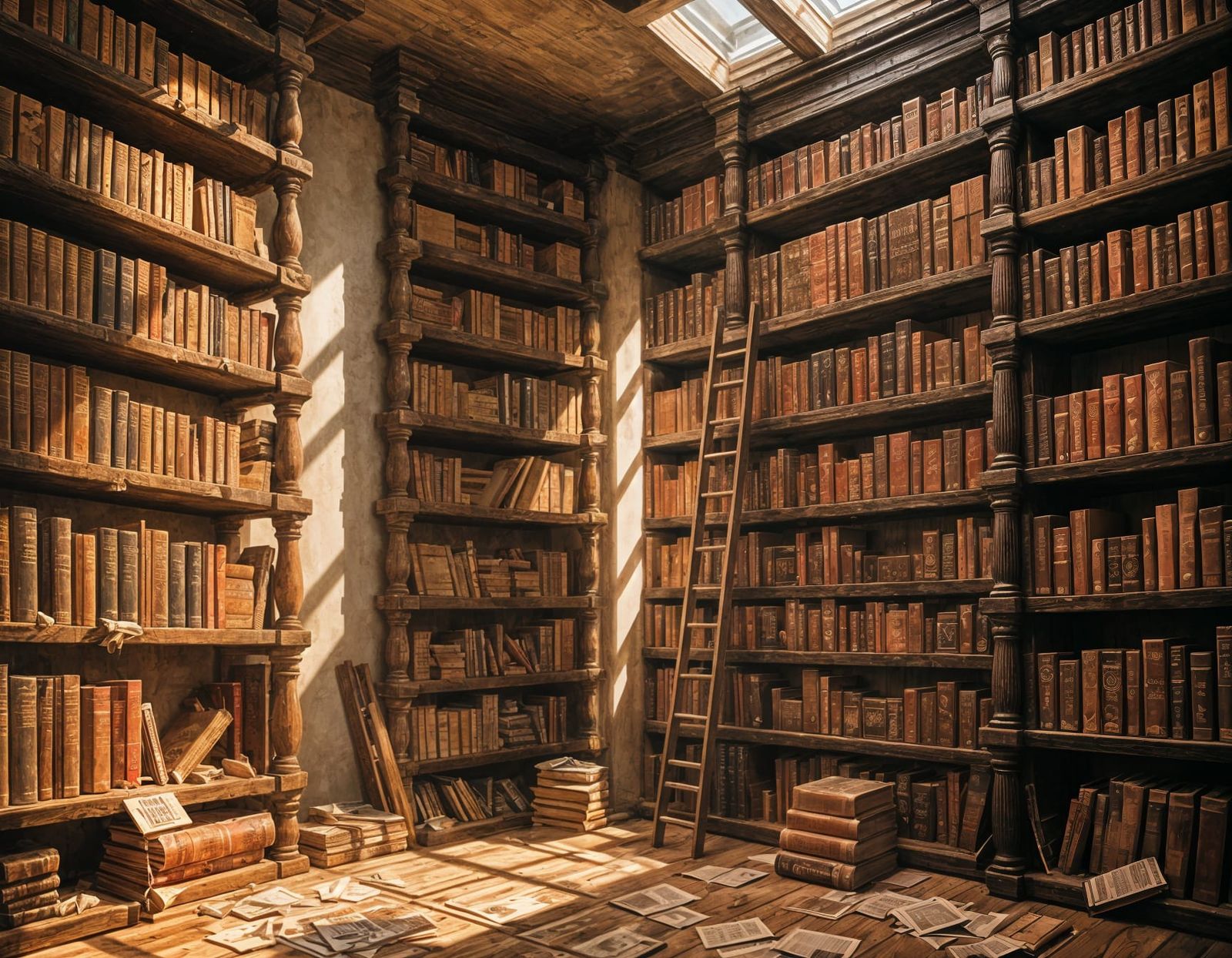 Sunlit Ancient Scrolls on Shelves: Realist Oil Painting