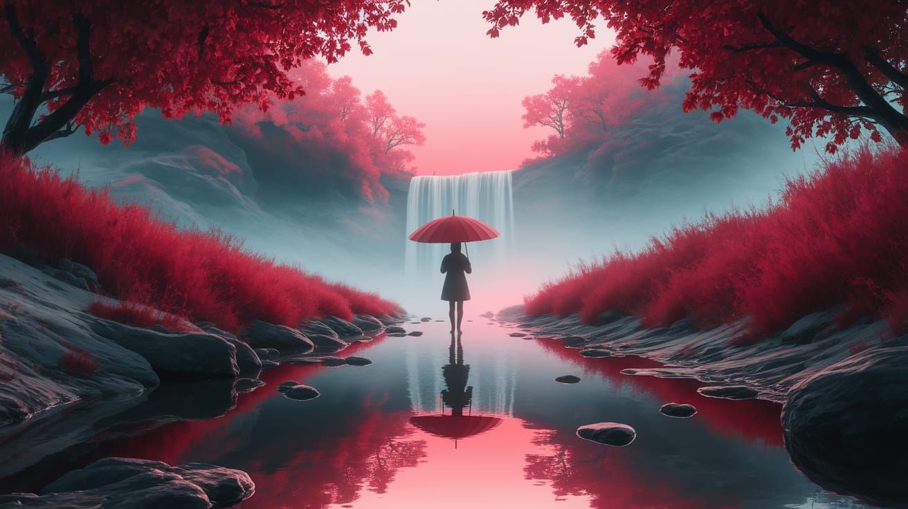 Ethereal Red Oasis Reveals a Tranquil Figure