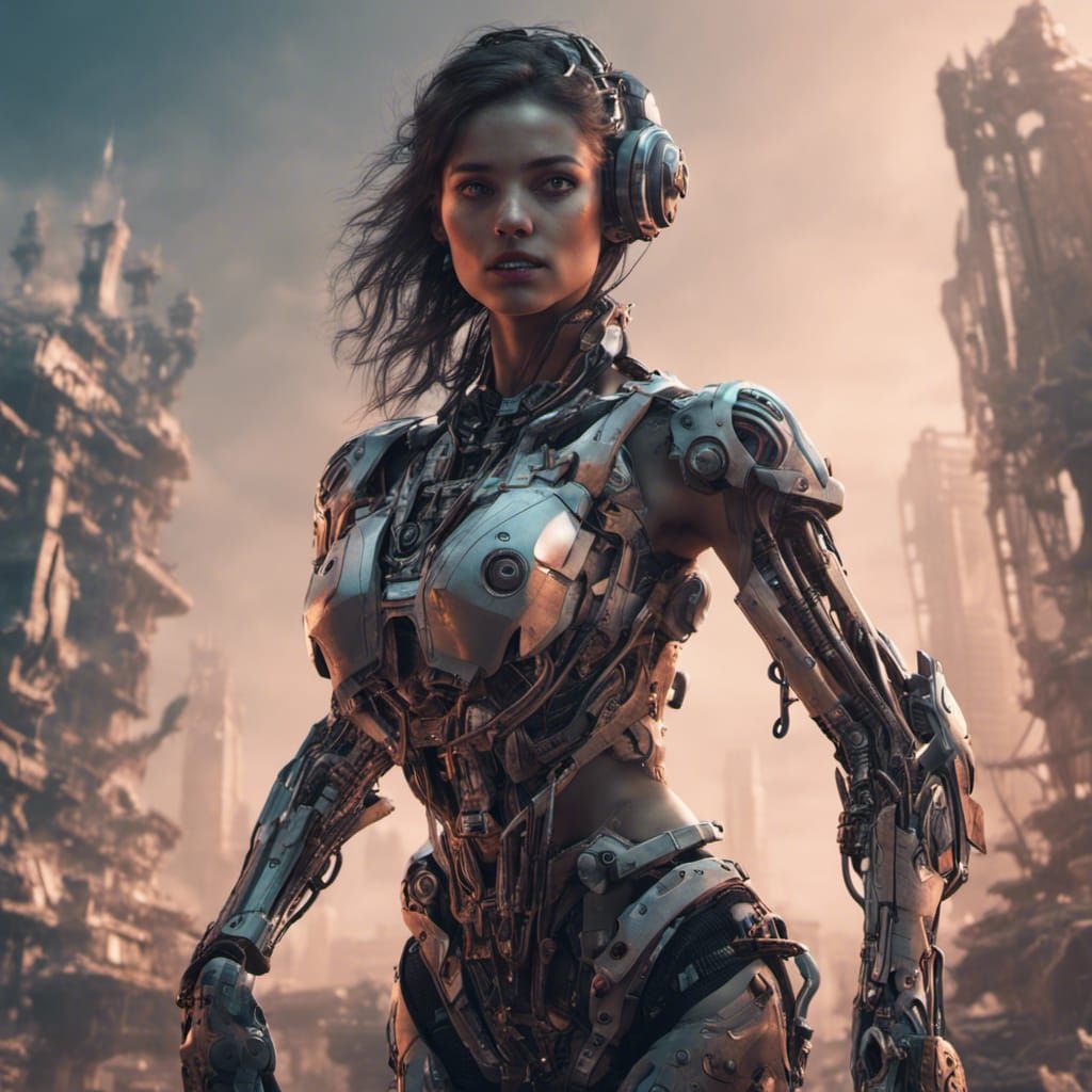 Brunette Cyborg Woman: Detailed Matte Painting