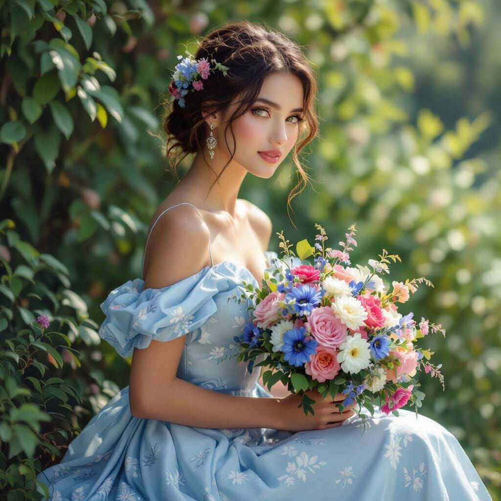 Elegant Woman with Flowers in Dreamy Landscape
