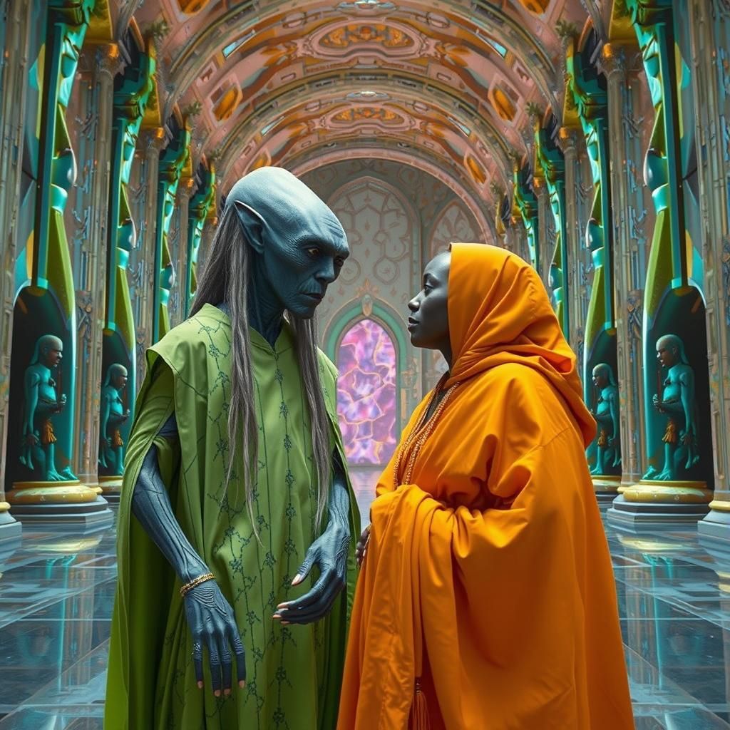Alien and Woman Converse in Surreal Hall