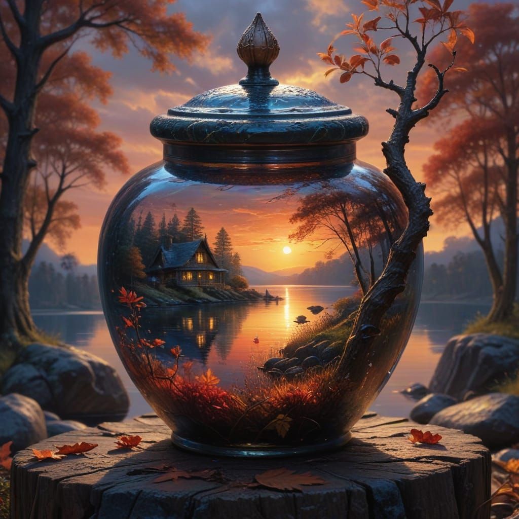 Whimsical Acorn Jar with Lake Scene
