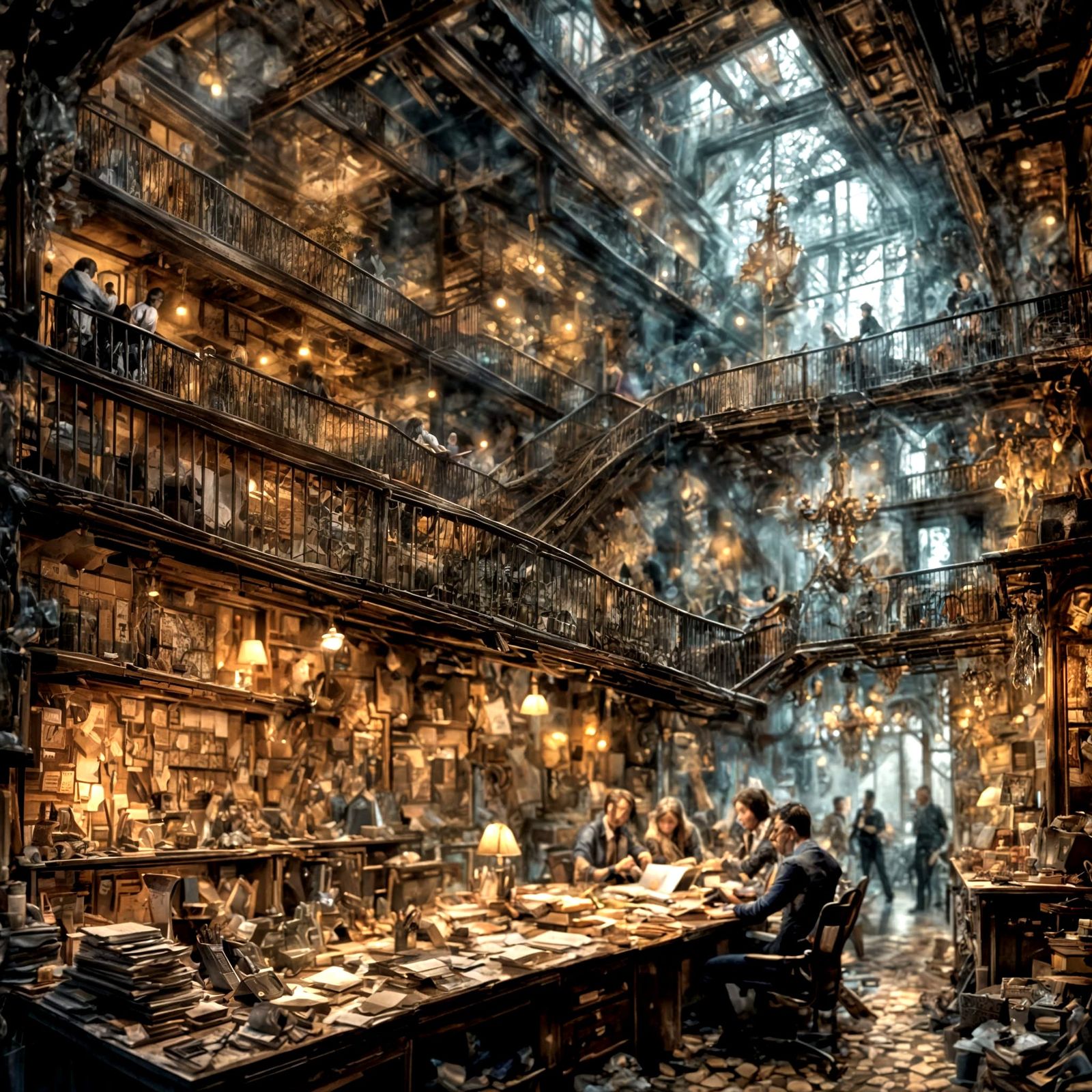 Crowded Office Scene in Graffiti Style