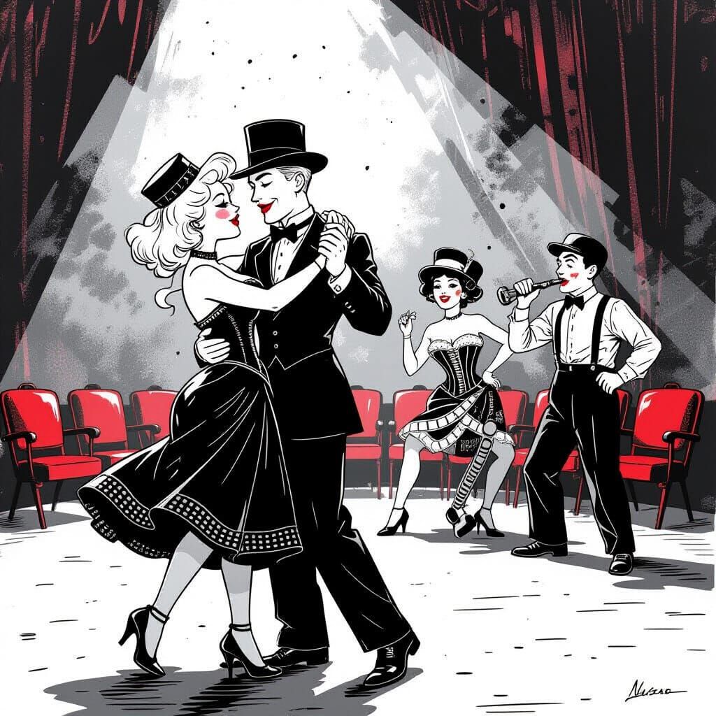 Monochrome Comic of Dancing Lovers in Vintage Cinema