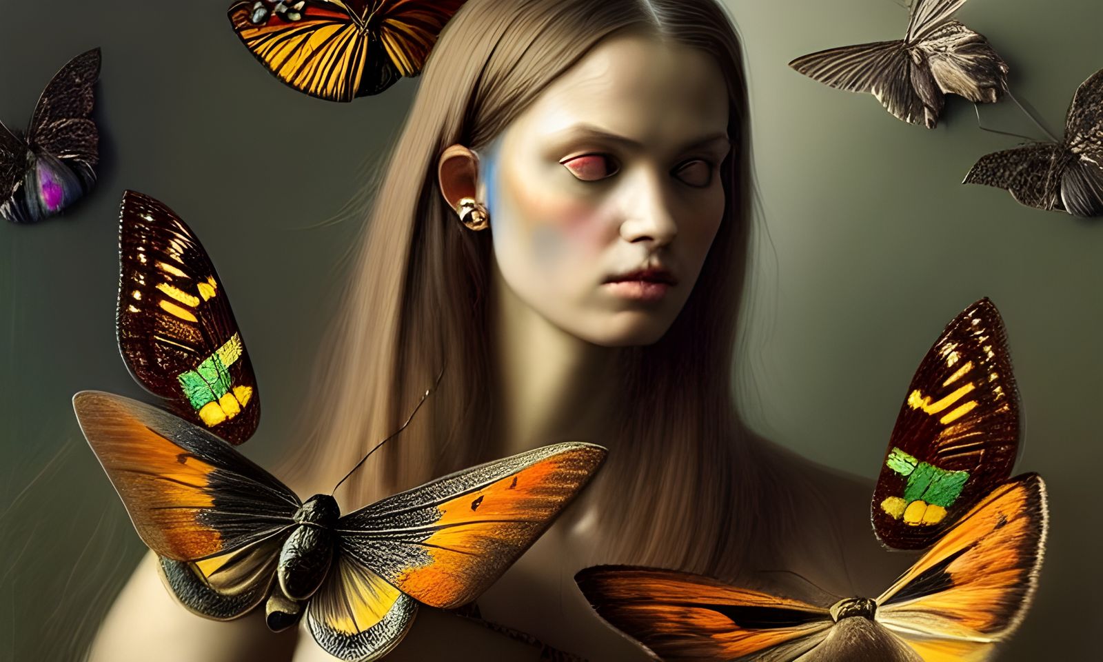 Beautiful Woman Surrounded by Moths in Hyperrealism