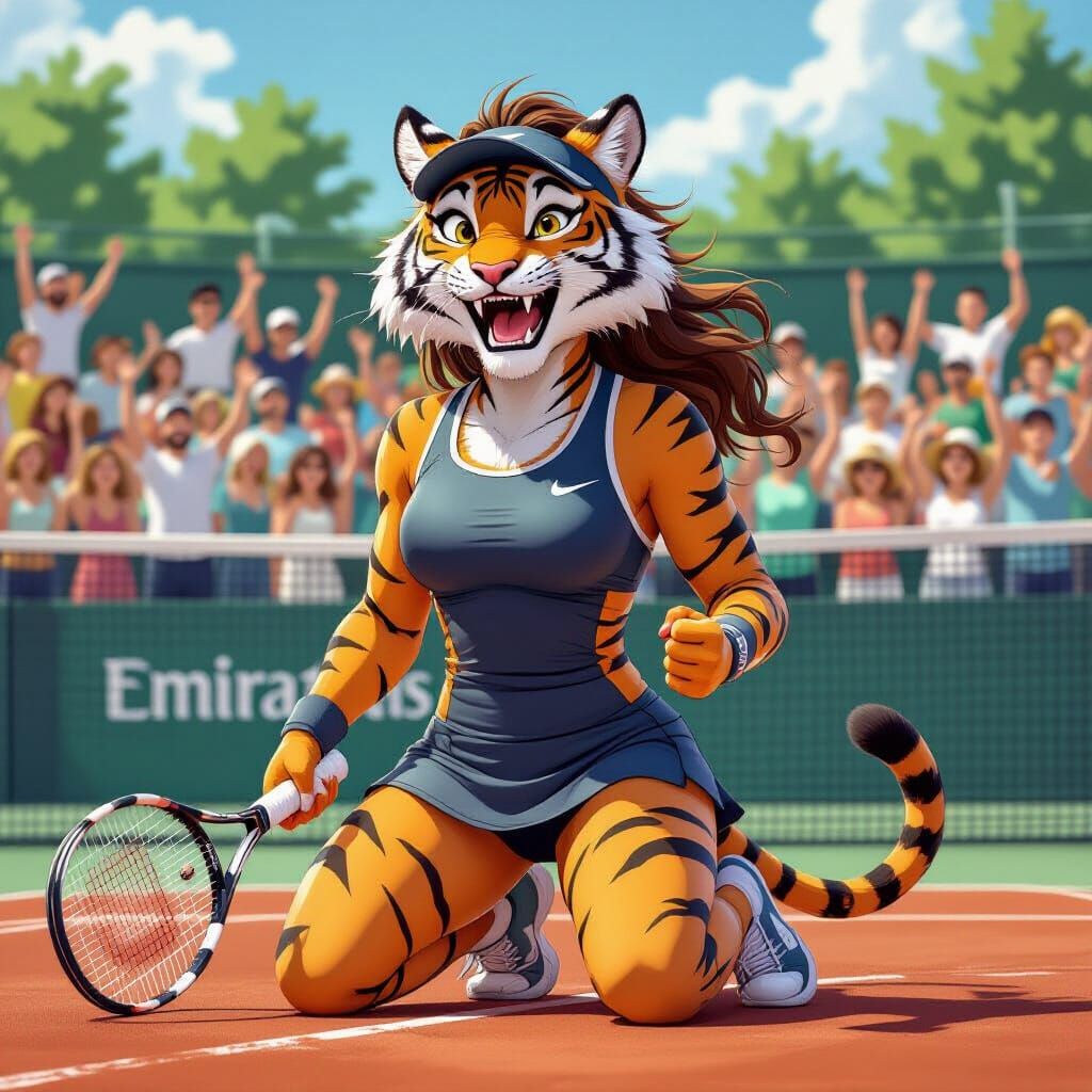Anthropomorphic Tiger Tennis Player in Victory